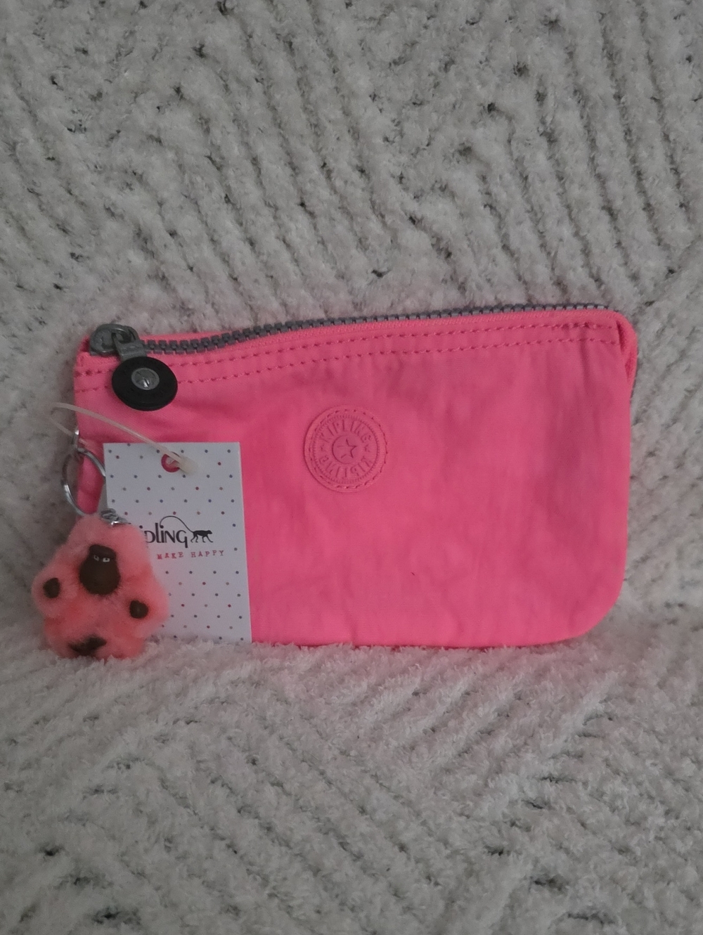 Kipling Neon Pink Kids Zip Pouch with Pom Charm